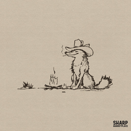 Hand-drawn vintage sketch of a fox wearing a cowboy hat and smoking by a campfire, perfect for western-themed sublimation and apparel designs.
