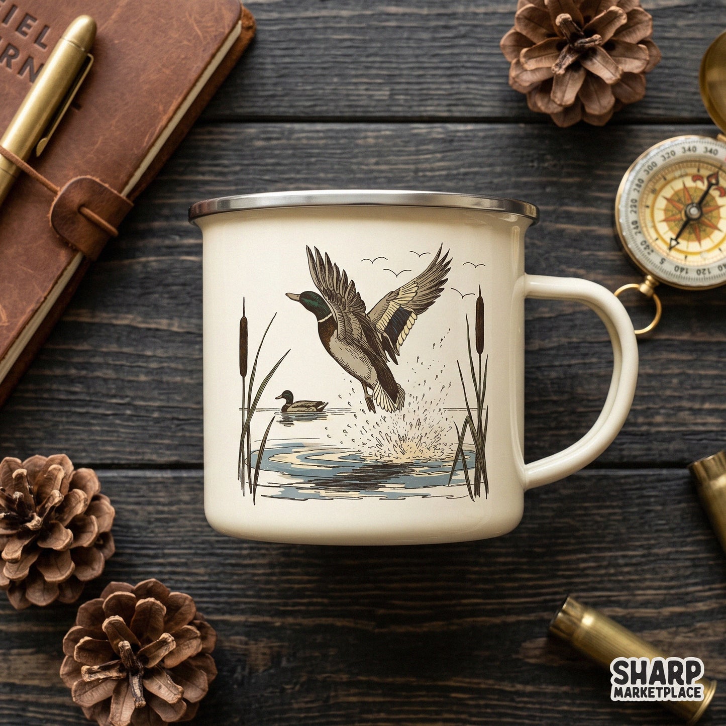 Retro sublimation design of a mallard duck taking flight from a lake for fall outdoors and hunting shirts