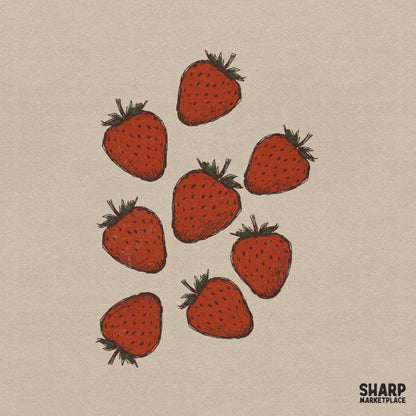 Hand drawn strawberry pattern featuring textured red berries with green stems in a charming cottagecore art style for digital projects.