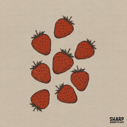 Hand drawn strawberry pattern featuring textured red berries with green stems in a charming cottagecore art style for digital projects.