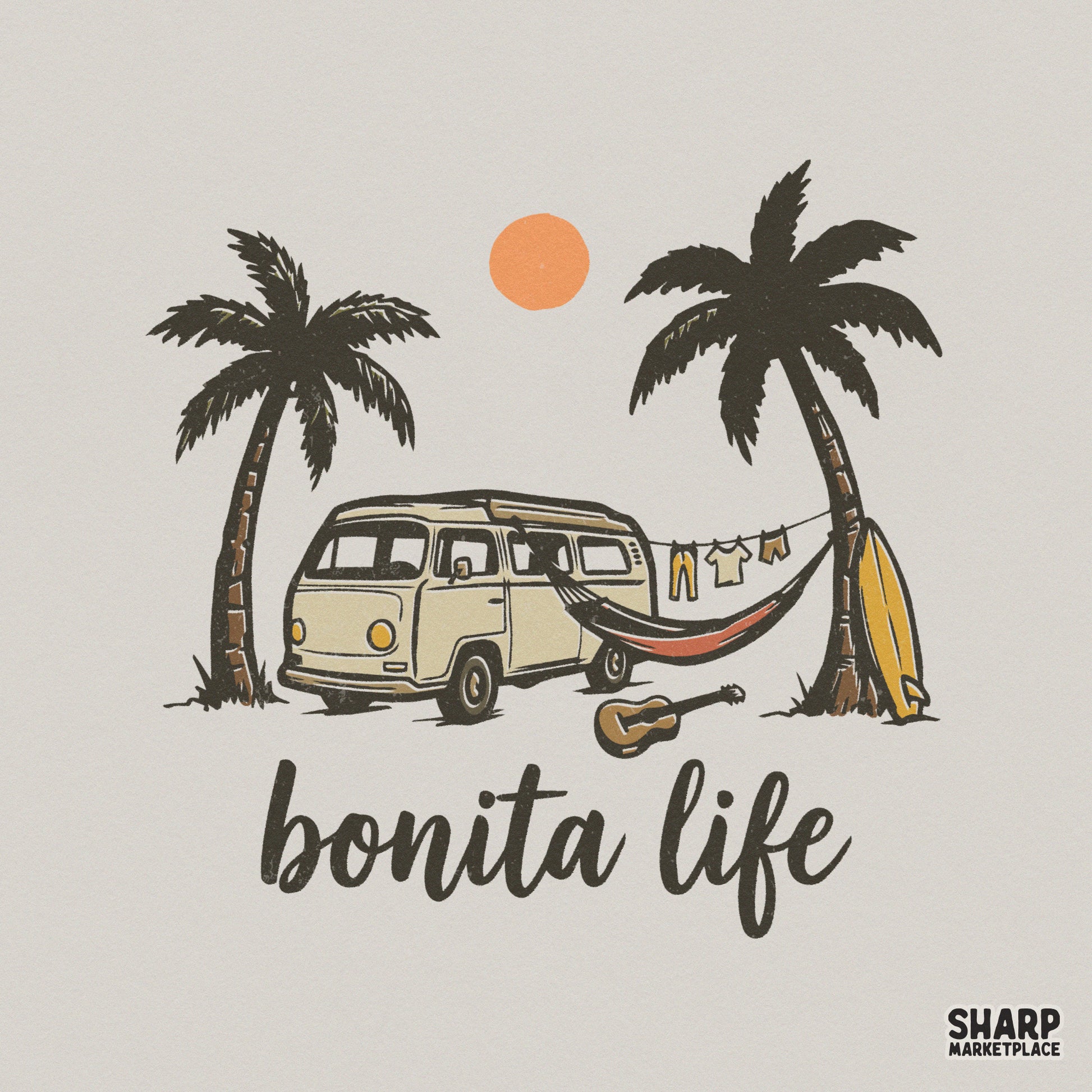 Retro summer beach design featuring a vintage camper van, palm trees, surfboard, and guitar with the text Bonita Life in a stylish script font.