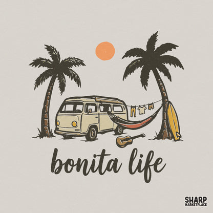 Retro summer beach design featuring a vintage camper van, palm trees, surfboard, and guitar with the text Bonita Life in a stylish script font.