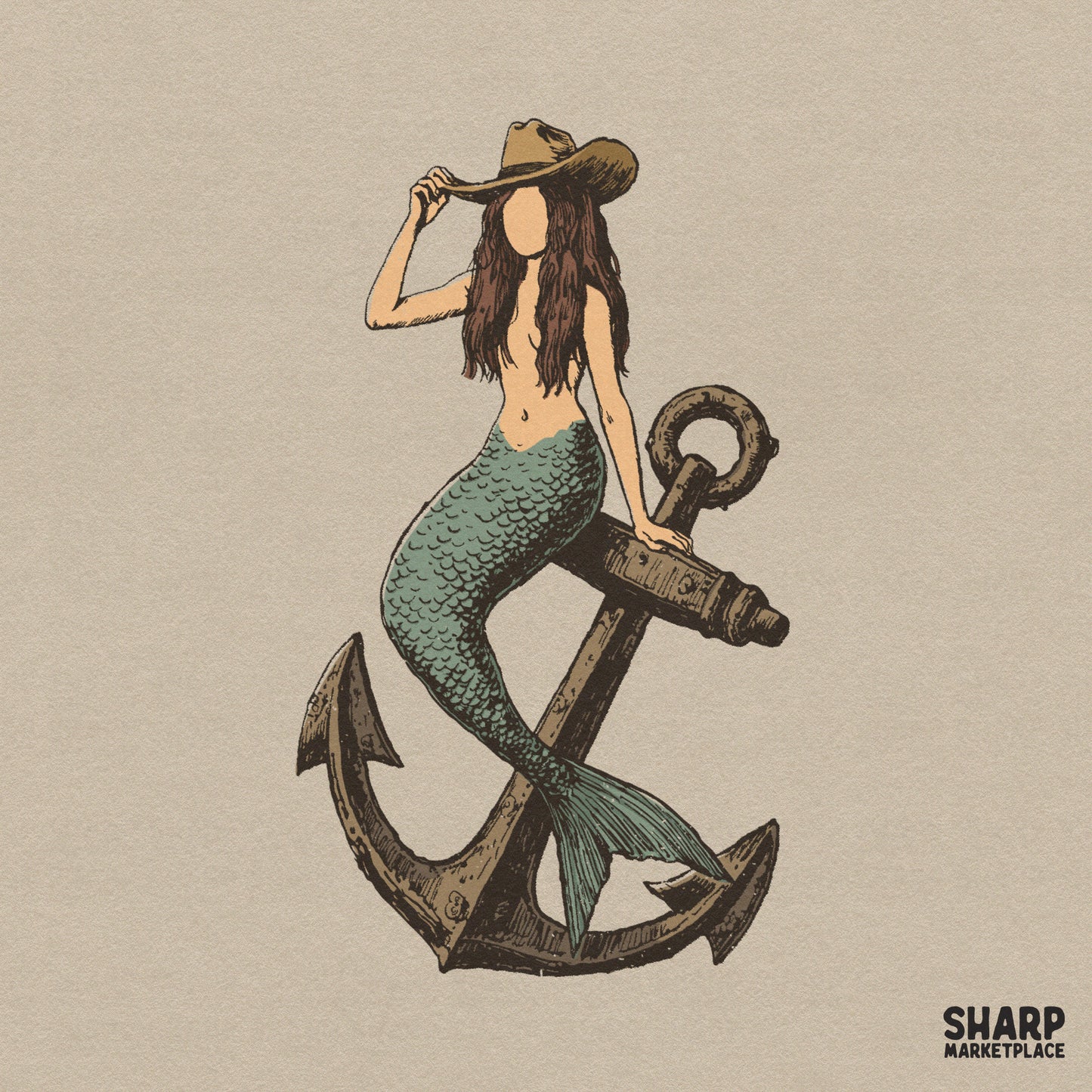 Vintage coastal cowgirl mermaid sitting on an anchor sublimation graphic for summer beach shirts