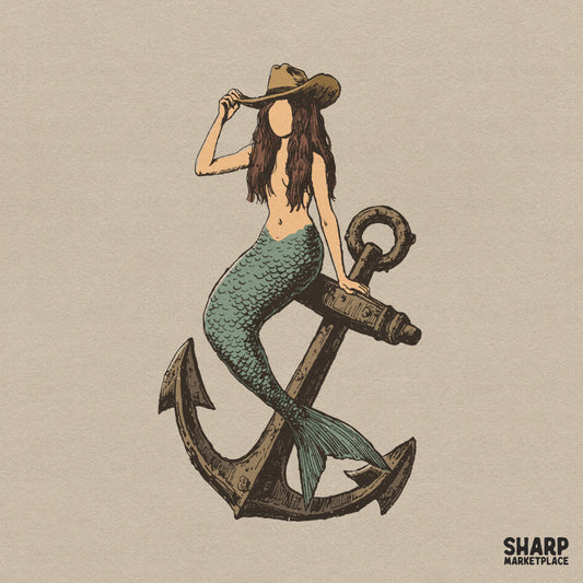 Vintage coastal cowgirl mermaid sitting on an anchor sublimation graphic for summer beach shirts