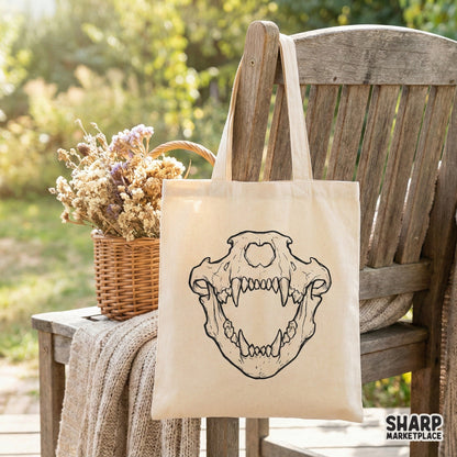 Vintage-style saber tooth skull graphic featuring intricate skeletal textures, perfect for tattoo flash art, stickers, or edgy wall decor.