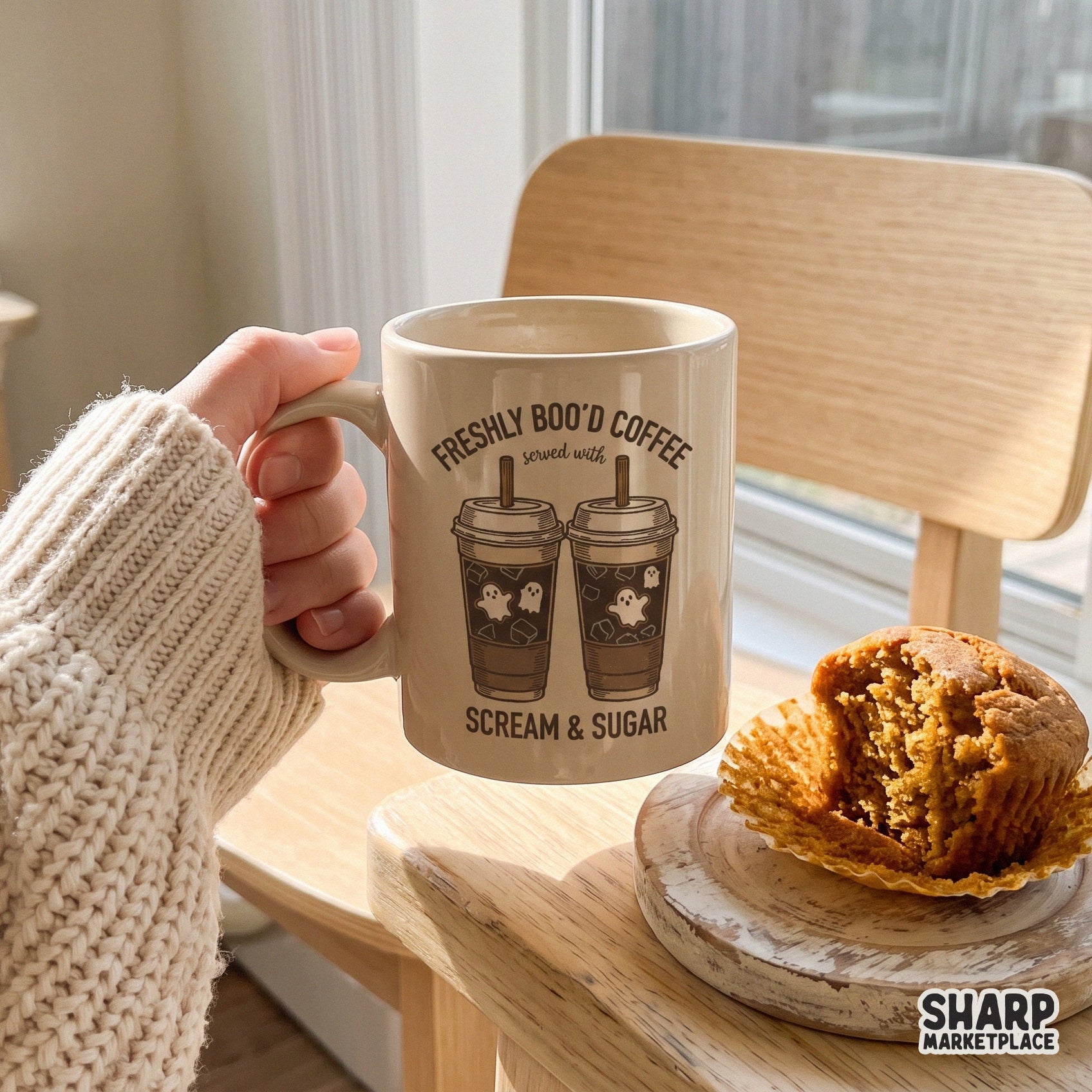Retro spooky ghost holding an iced latte with freshly bood coffee text for Halloween sublimation and tumbler wraps