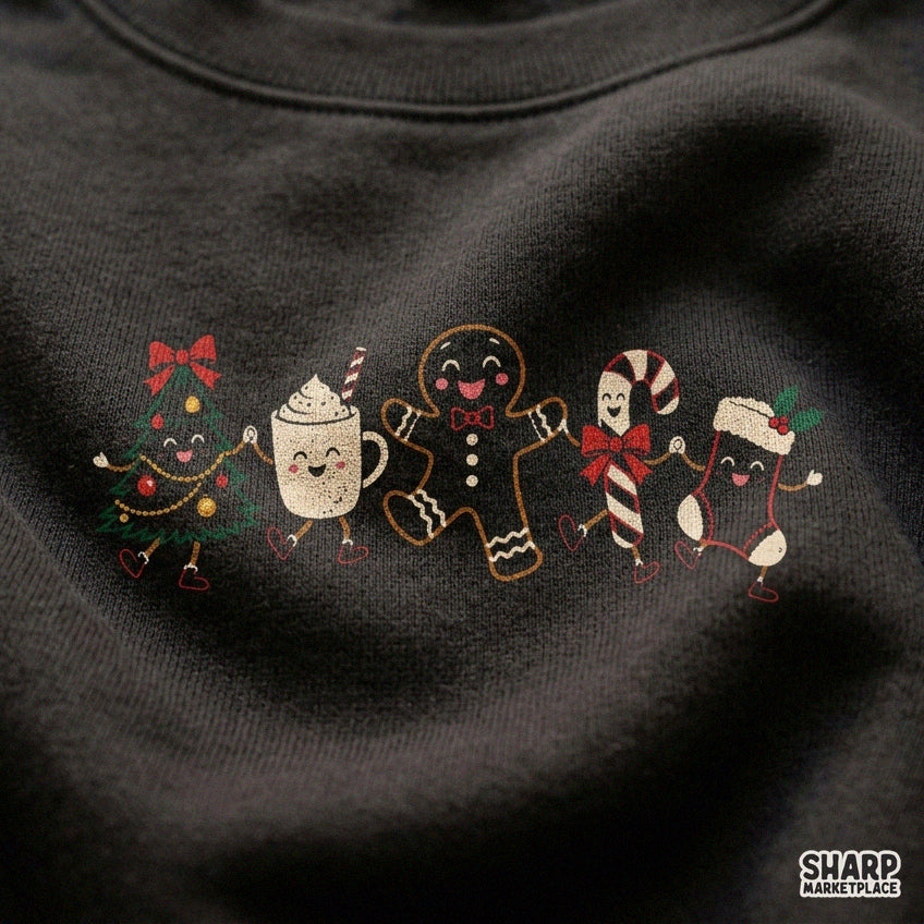 Cute retro Christmas characters holding hands featuring gingerbread man and tree for holiday sublimation and shirt designs