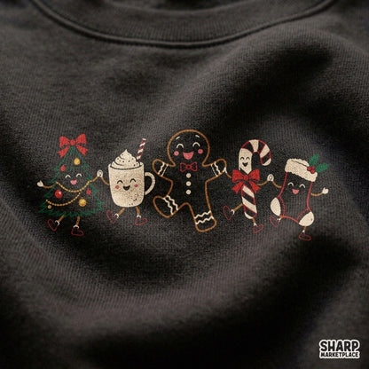 Cute retro Christmas characters holding hands featuring gingerbread man and tree for holiday sublimation and shirt designs
