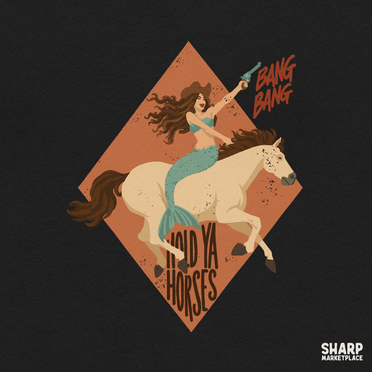 Funny western mermaid riding a horse digital PNG graphic ideal for retro cowgirl t-shirts and sublimation projects