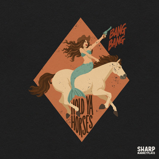 Funny western mermaid riding a horse digital PNG graphic ideal for retro cowgirl t-shirts and sublimation projects
