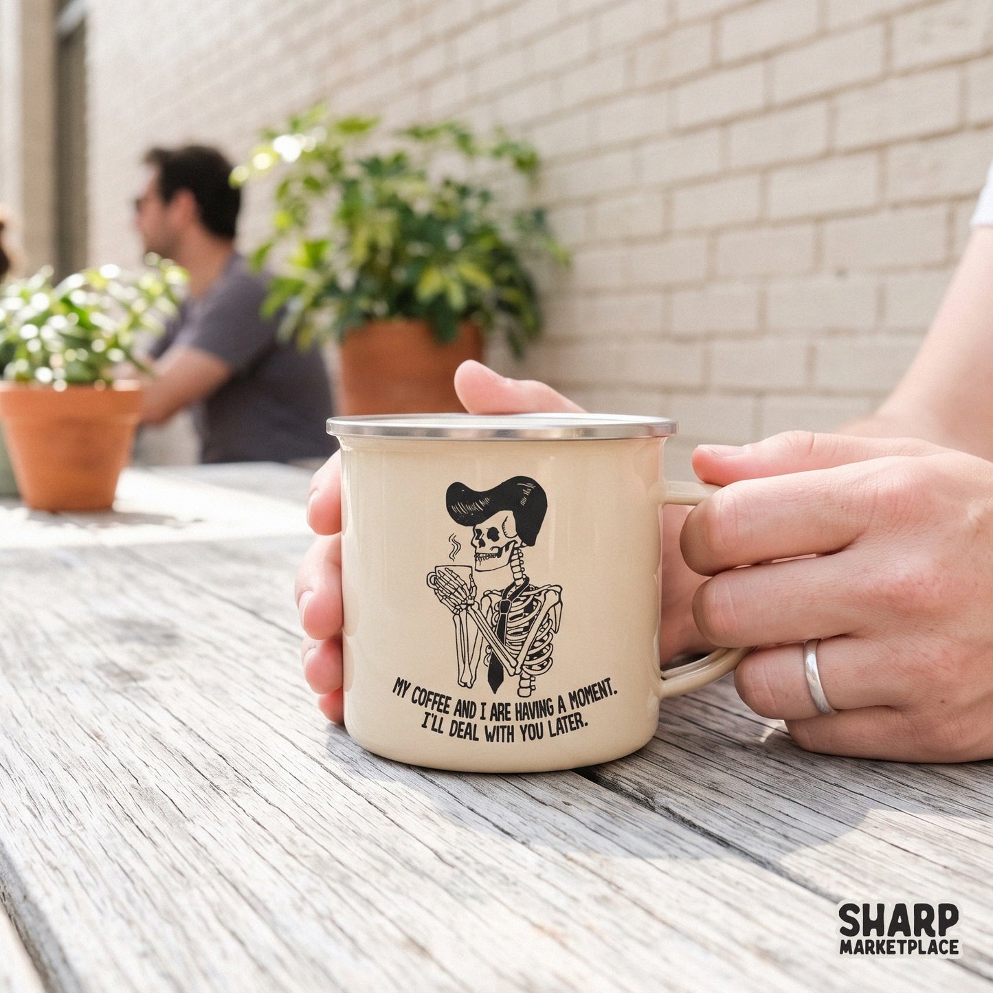 Funny skeleton drinking coffee sublimation design with sarcastic quote for retro halloween t-shirts and mugs