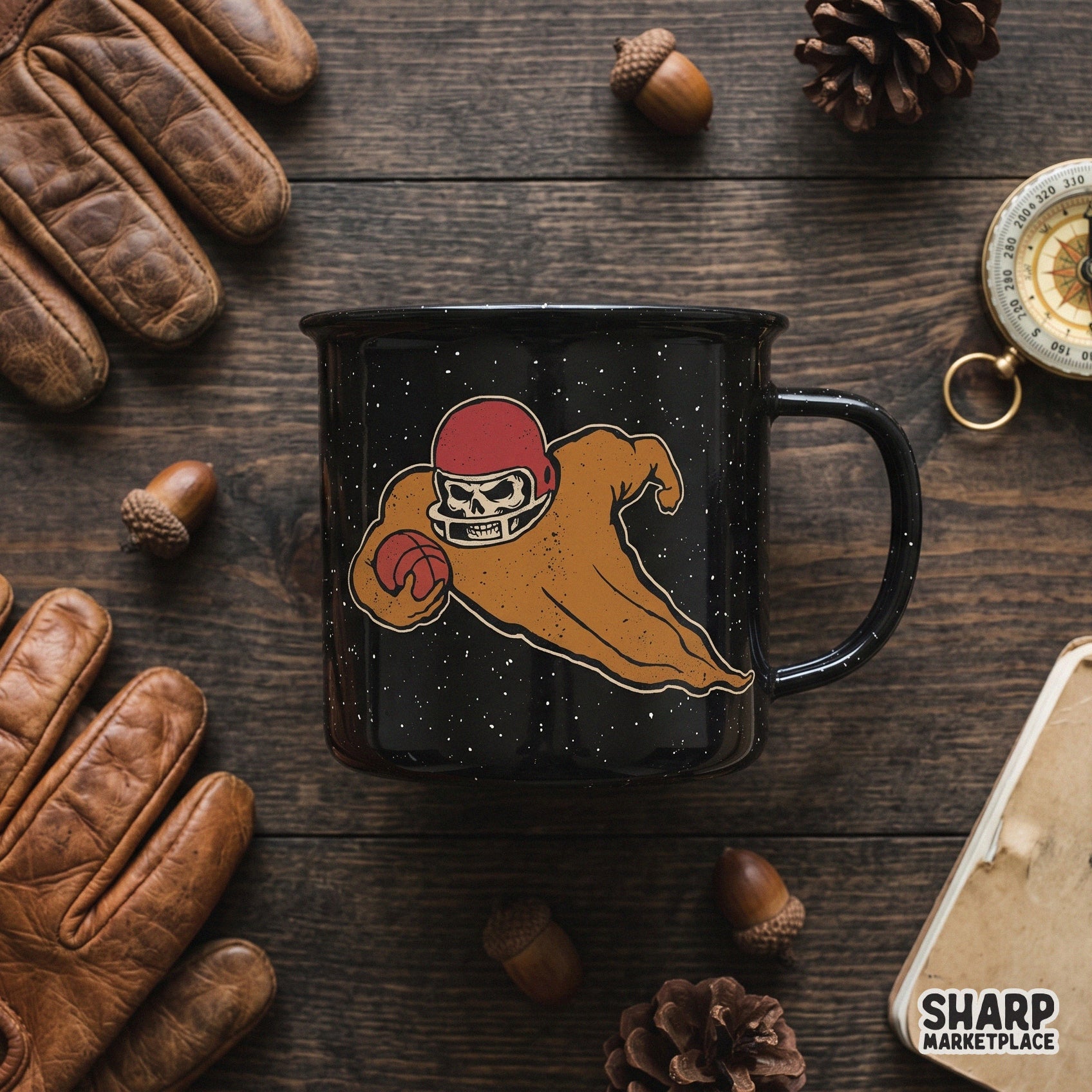 Muscular skeleton football player wearing a helmet and holding a ball retro Halloween sublimation design for game day shirts