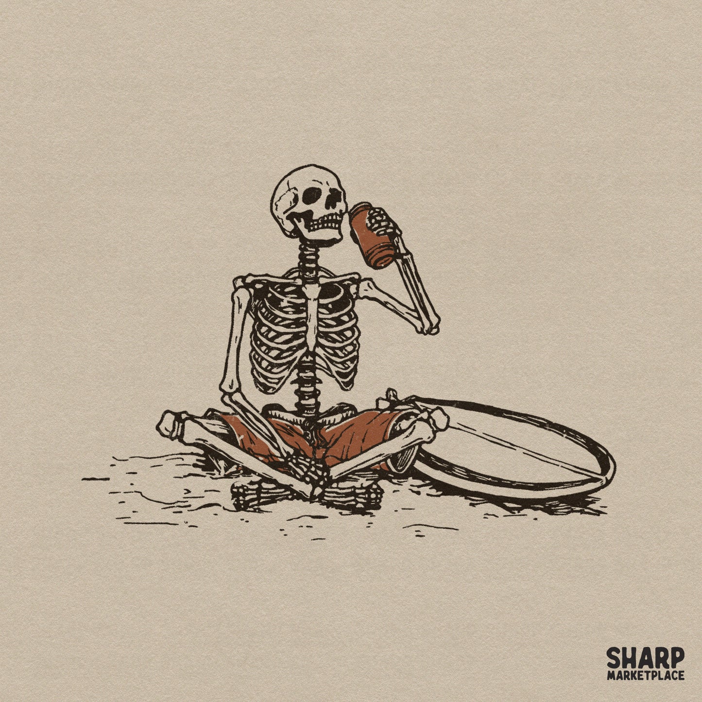 Vintage style illustration of a skeleton sitting on the sand with a surfboard, drinking from a coconut, perfect for summer or Halloween apparel.