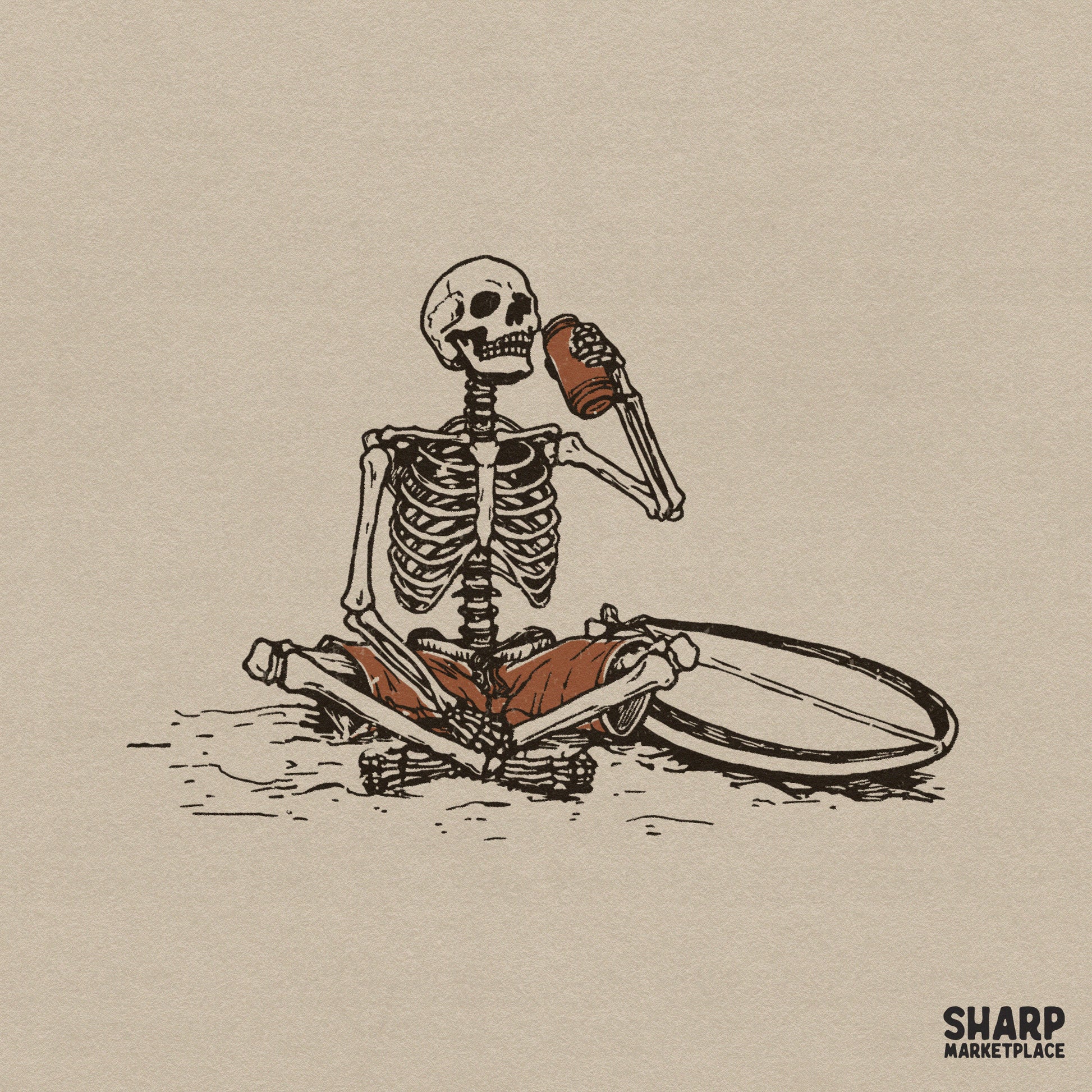 Vintage style illustration of a skeleton sitting on the sand with a surfboard, drinking from a coconut, perfect for summer or Halloween apparel.