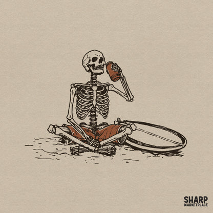 Vintage style illustration of a skeleton sitting on the sand with a surfboard, drinking from a coconut, perfect for summer or Halloween apparel.
