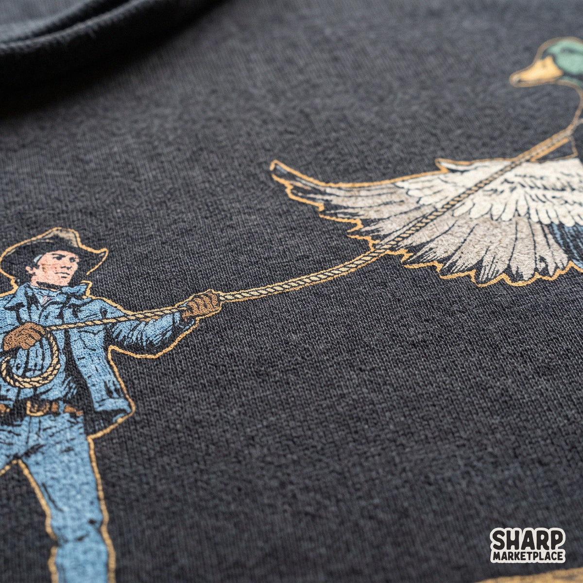 Surreal western cowboy lassoing a giant mallard duck retro funny animal meme sublimation PNG design for shirts