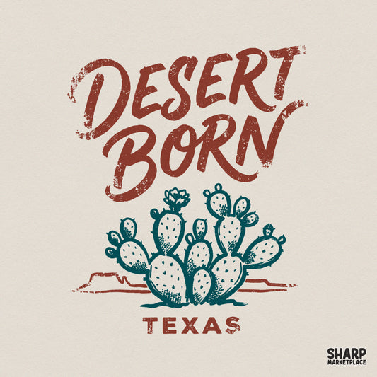 Desert Born Texas digital design featuring a prickly pear cactus with a mesa silhouette in rustic terracotta red and deep teal green colors.