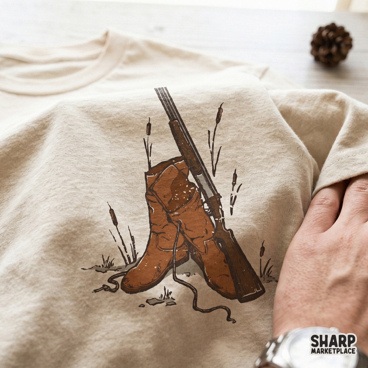 Detailed digital PNG graphic of vintage cowboy boots and a rifle in earth tones, suitable for print-on-demand shirts, hunting gear, and DIY projects.
