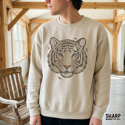Trendy tiger head graphic on a neutral sweatshirt, showcasing a distressed wildlife art style perfect for custom apparel and nature-themed prints.