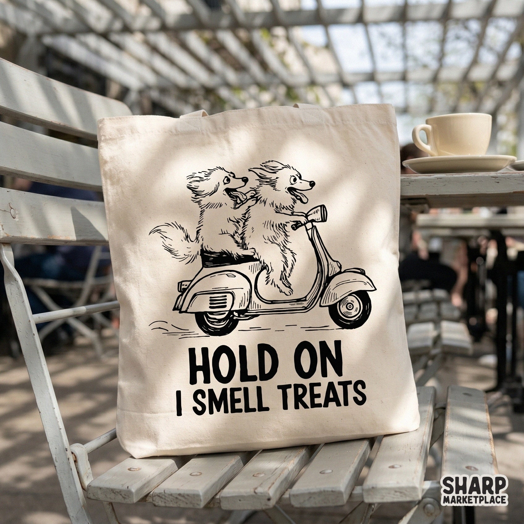 Digital design featuring two dogs riding a scooter with the funny caption Hold On I Smell Treats, ideal for custom stickers, tumblers, and DIY gifts.