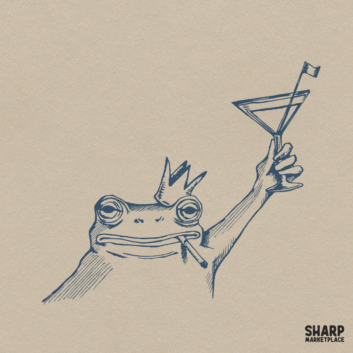Sarcastic royal frog sketch art drinking a martini and smoking, funny animal memes PNG for trendy t-shirts