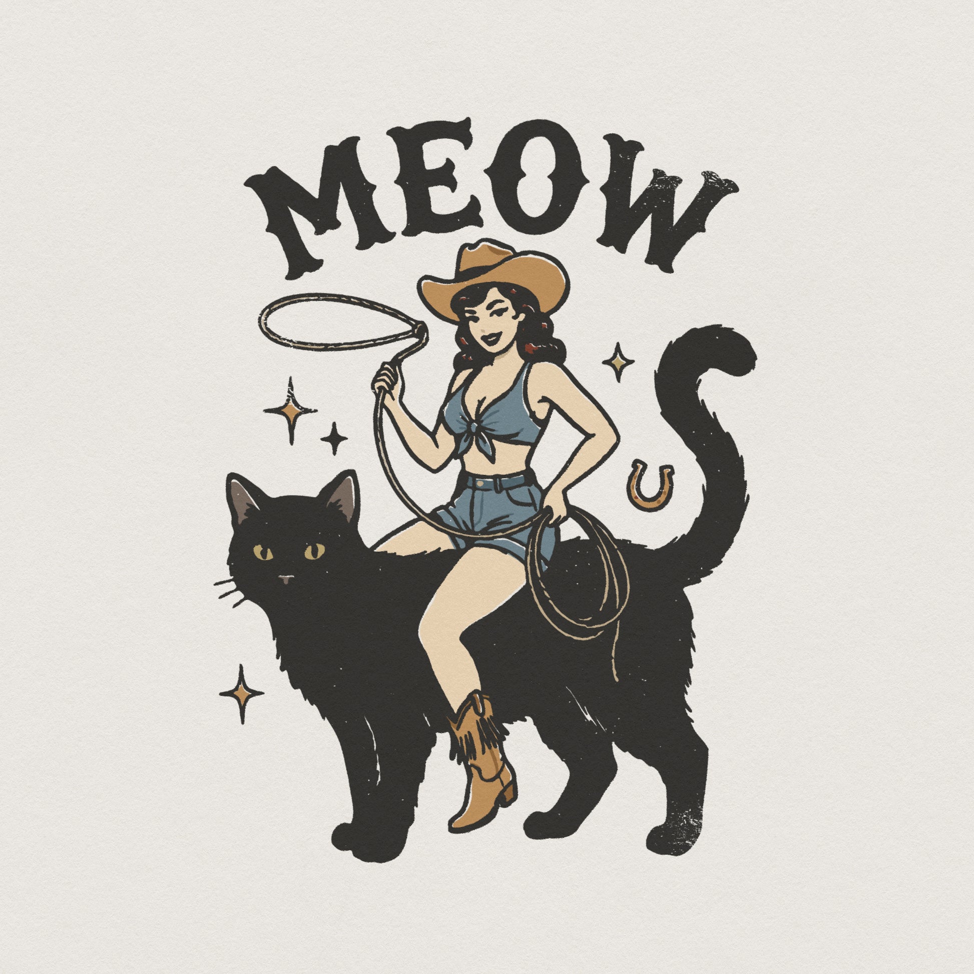 Meow PNG, Retro Cowgirl Cat Art Printable - 300 DPI Design for T-Shirt
