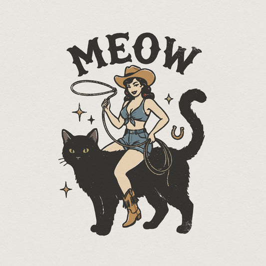 Meow PNG, Retro Cowgirl Cat Art Printable - 300 DPI Design for T-Shirt
