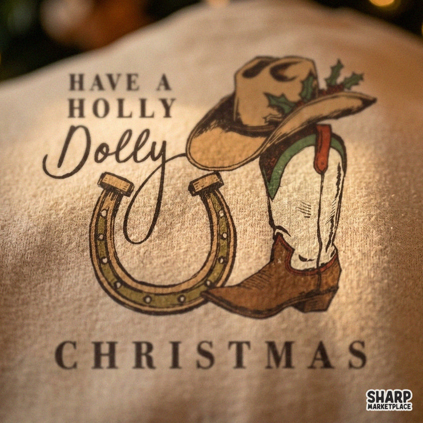 Retro western Holly Dolly Christmas PNG design featuring cowboy hat and boots for holiday t-shirts and apparel