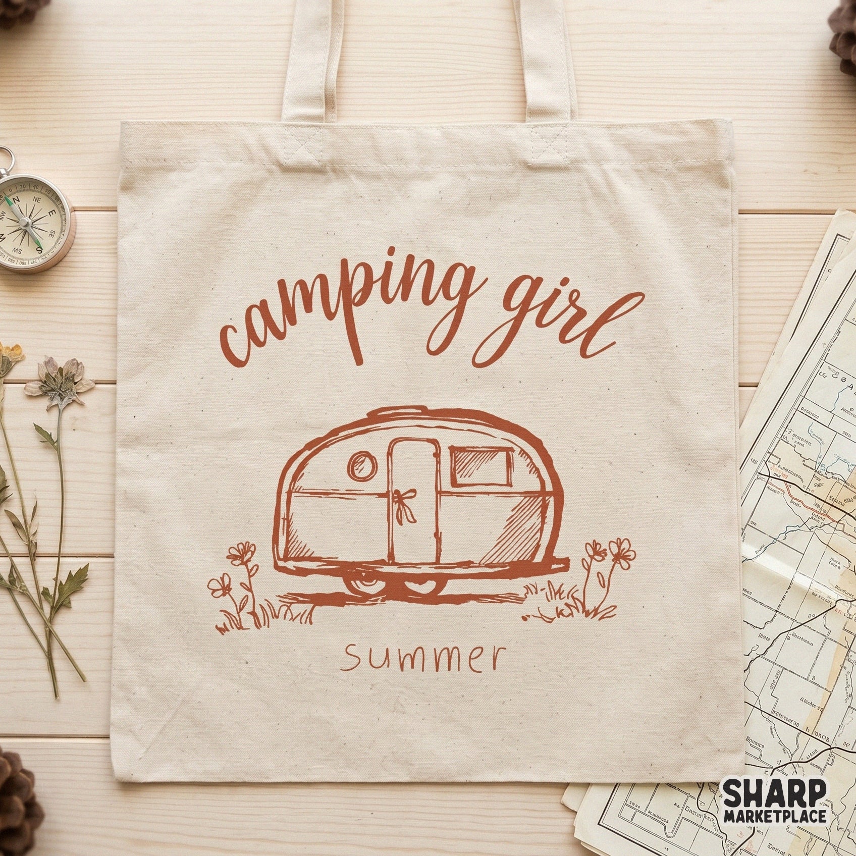 Retro retro camper sublimation design with trendy flowers for camping girl summer shirt graphics