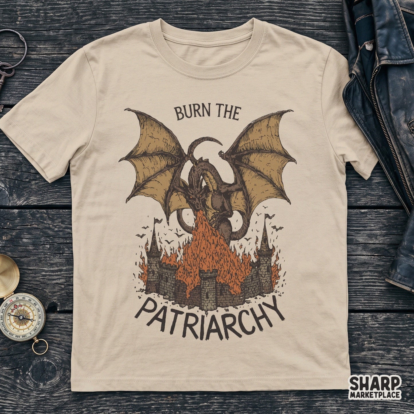 Retro fantasy feminist dragon breathing fire on a castle for sarcastic sublimation t-shirts and digital png art prints