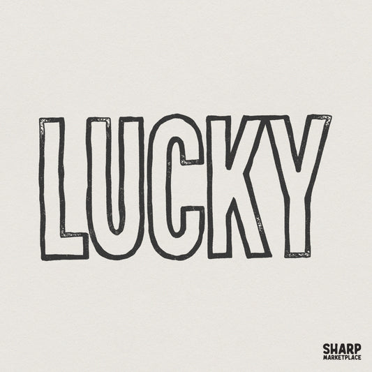 Hand drawn Lucky word art featuring tall block lettering with a rustic, distressed outline, perfect for St. Patrick's Day shirts and sublimation.