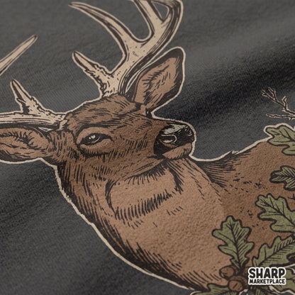 Vintage buck deer head surrounded by oak leaves and acorns fall hunting sublimation PNG design for t-shirts