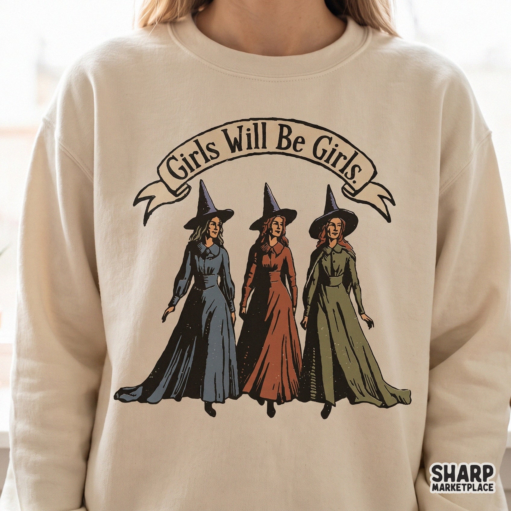 Funny retro feminist witch coven design for Halloween shirts featuring Girls Will Be Girls text in a vintage fall style