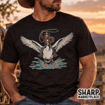 Surreal western cowboy riding a giant flying duck funny animal meme PNG design for t-shirts and sublimation prints