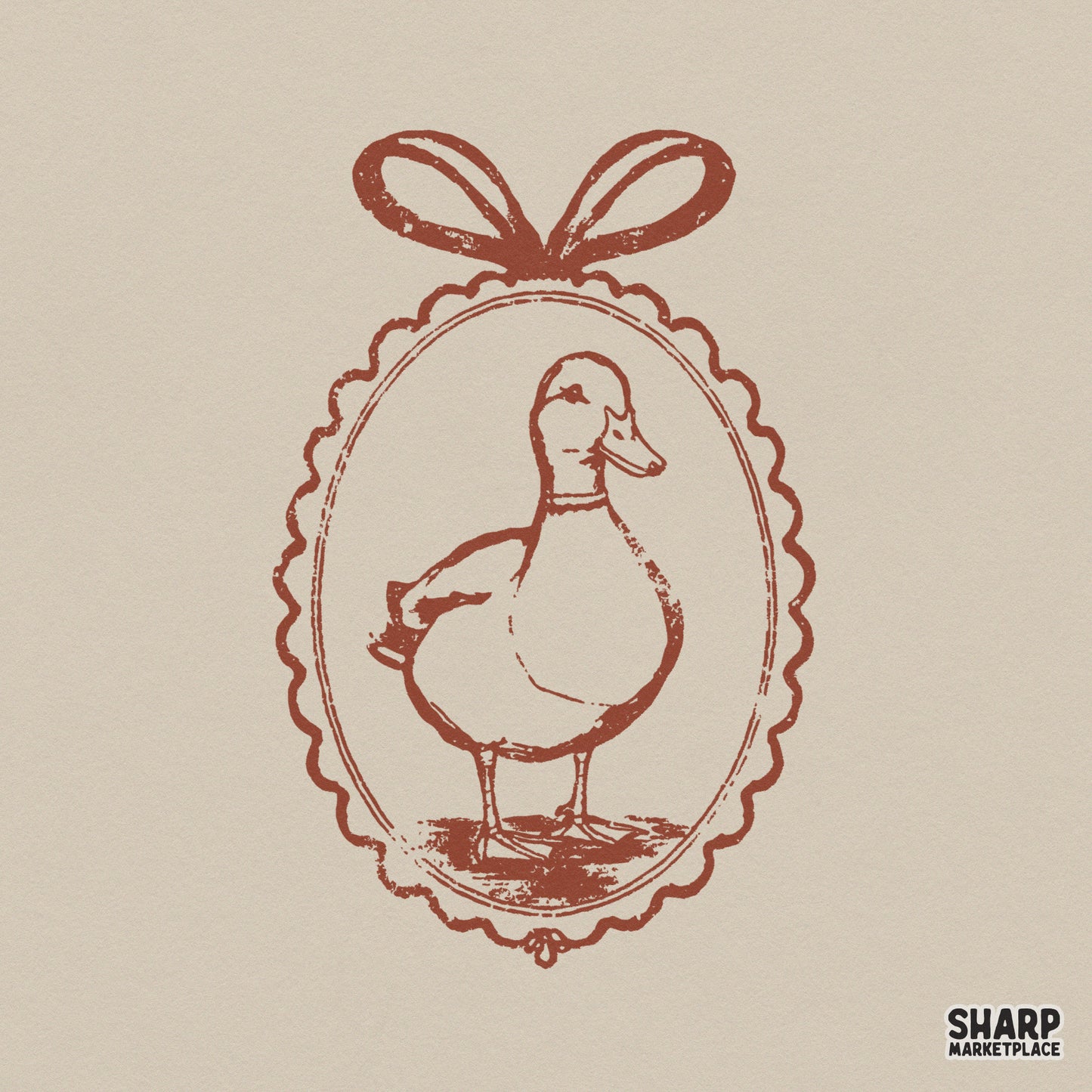 Vintage terracotta duck illustration inside a scalloped oval frame with a ribbon bow, perfect for cottagecore sublimation and apparel designs.