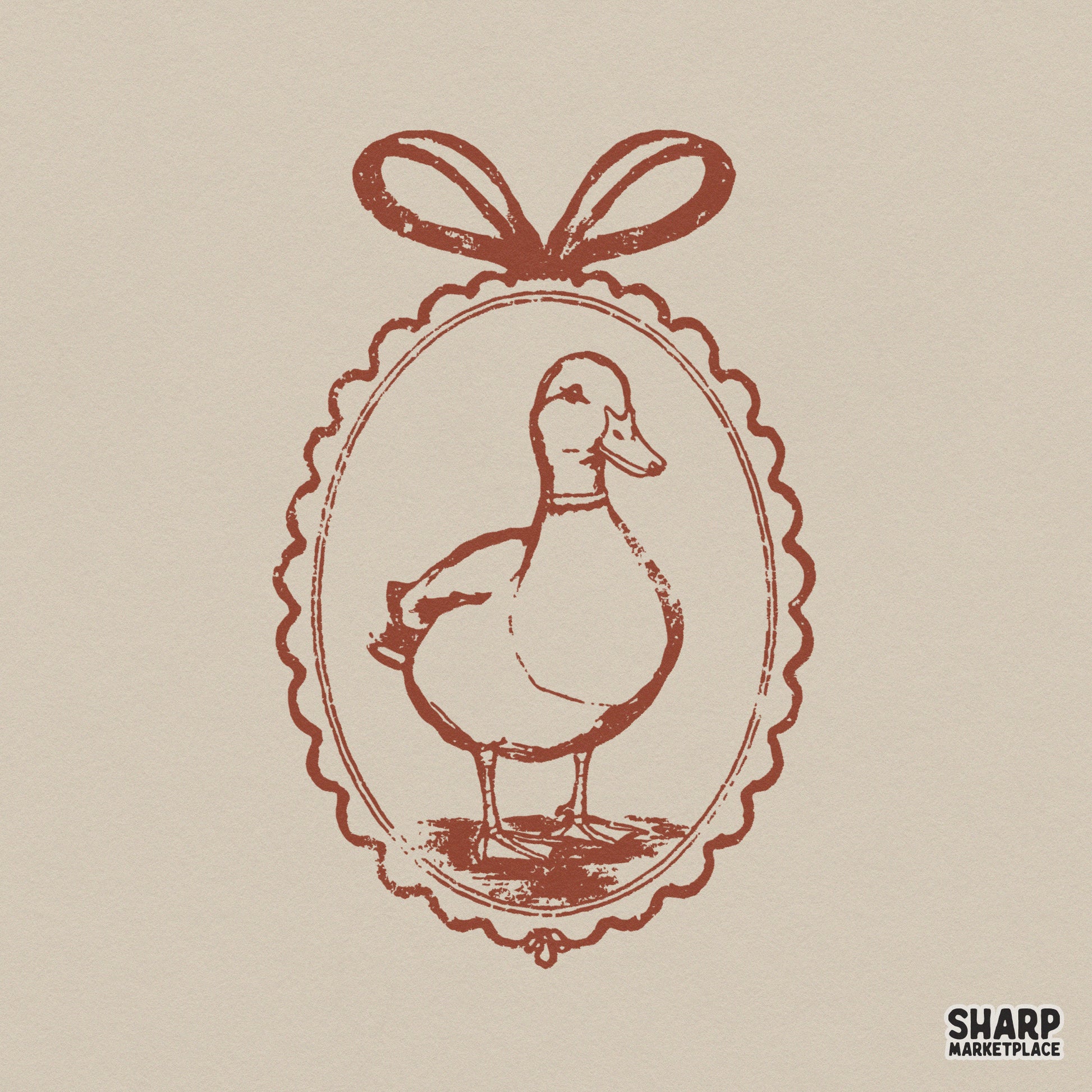 Vintage terracotta duck illustration inside a scalloped oval frame with a ribbon bow, perfect for cottagecore sublimation and apparel designs.