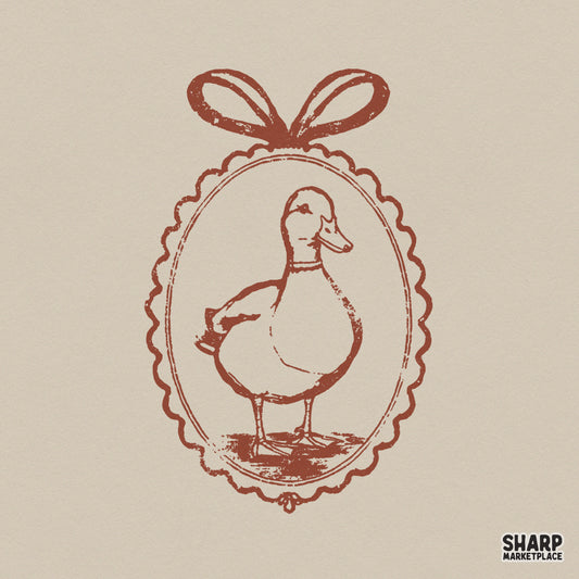 Vintage terracotta duck illustration inside a scalloped oval frame with a ribbon bow, perfect for cottagecore sublimation and apparel designs.