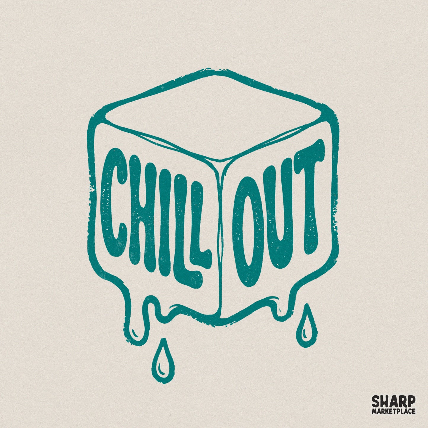Retro teal ice cube graphic with melting drips and bubble font text that says Chill Out, perfect for sublimation and custom apparel printing.