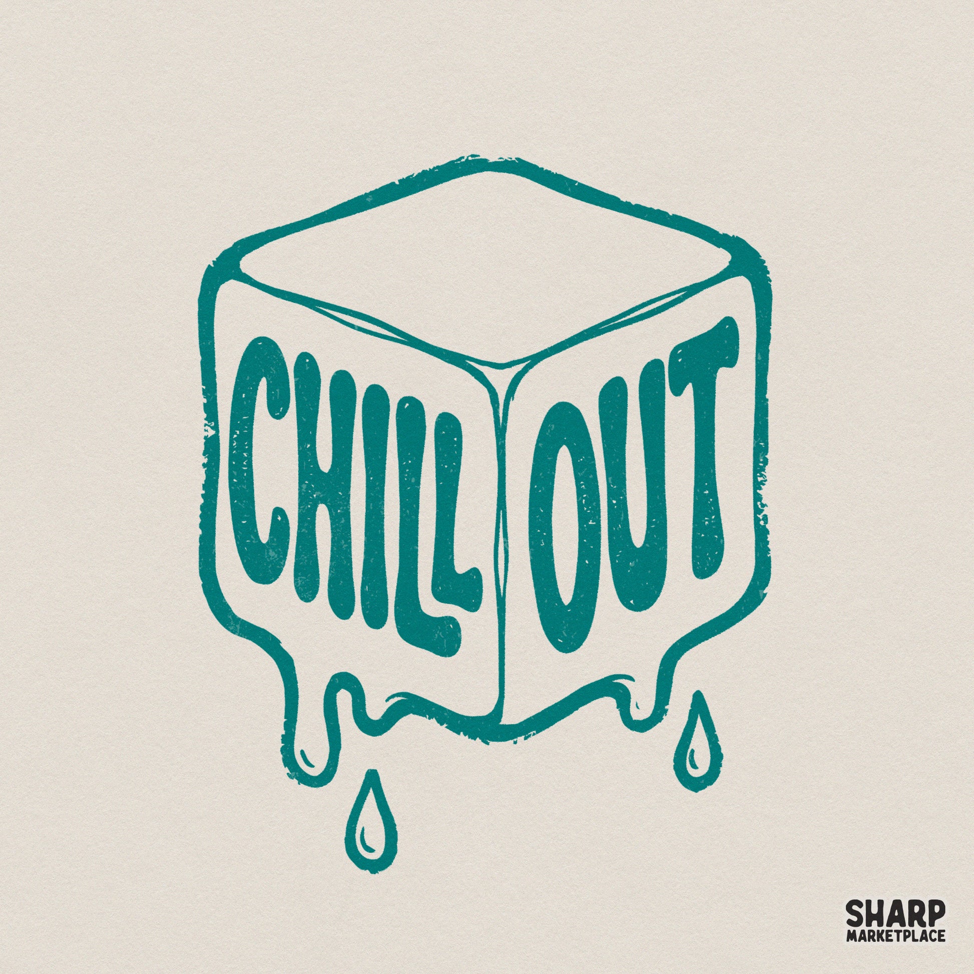 Retro teal ice cube graphic with melting drips and bubble font text that says Chill Out, perfect for sublimation and custom apparel printing.