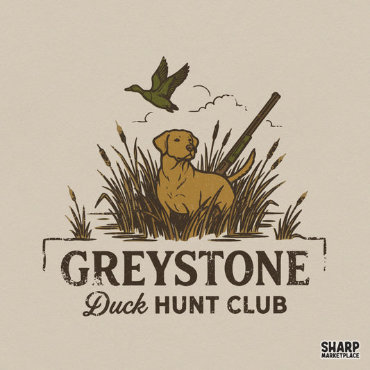 Vintage Greystone Duck Hunt Club design featuring a yellow retriever in a marsh with a shotgun and flying mallard, perfect for rustic apparel.