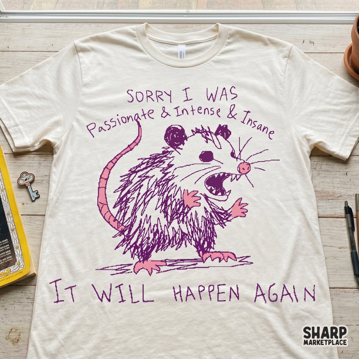 Digital PNG file of a frantic, sketchy opossum with purple ink lines, perfect for DIY t-shirt printing, stickers, or custom tumblers with a sarcastic vibe.