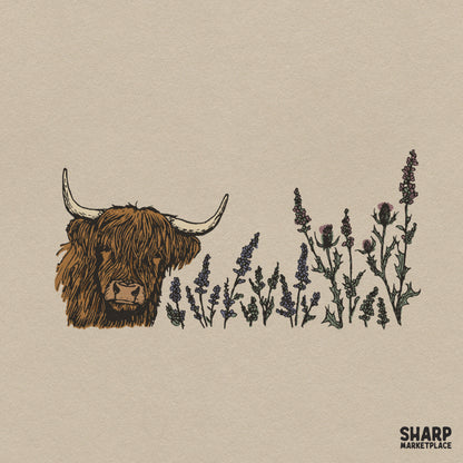 Highland cow with purple thistles boho floral art digital PNG graphic for western t-shirts and apparel