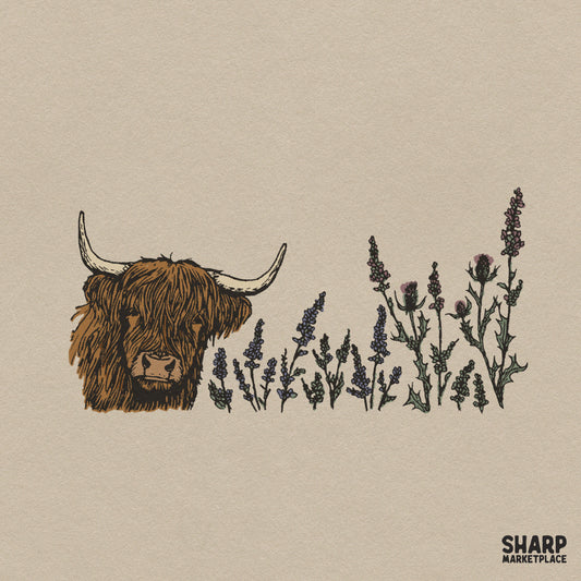 Highland cow with purple thistles boho floral art digital PNG graphic for western t-shirts and apparel