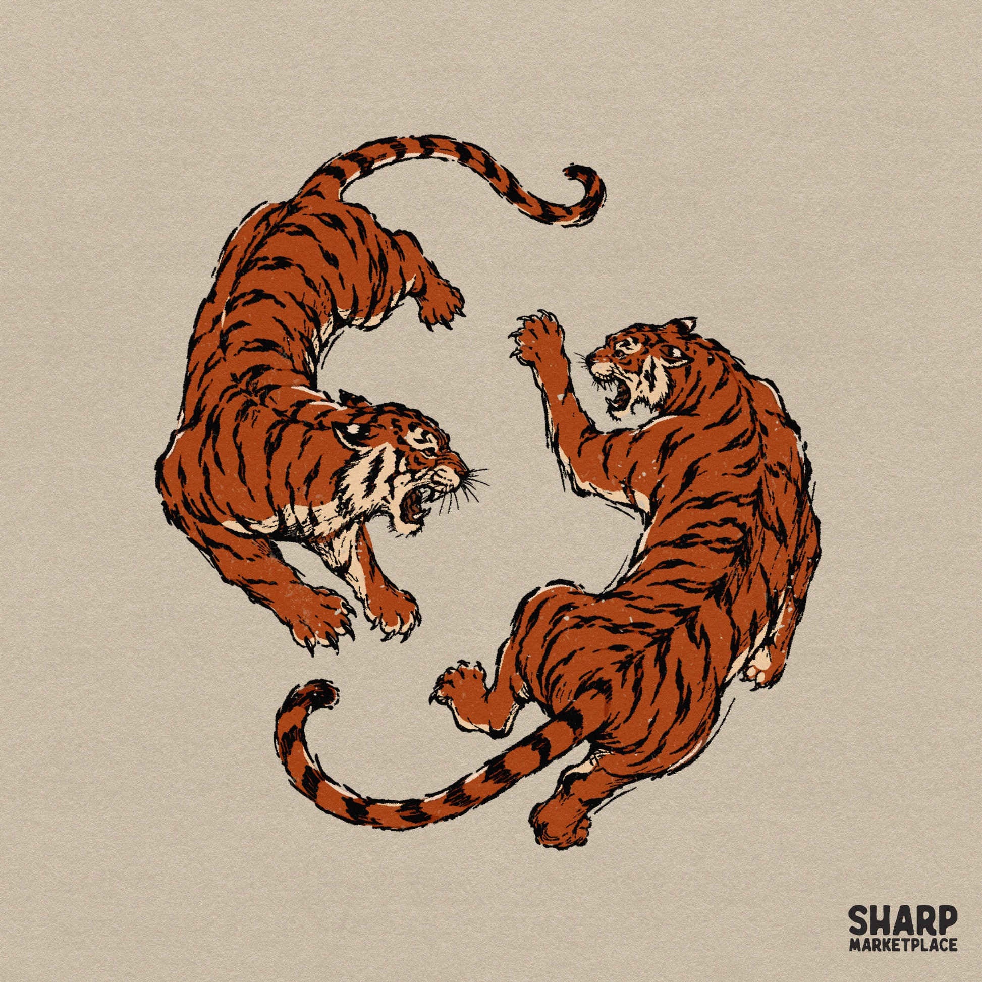 Vintage style illustration of two snarling tigers in a circular yin yang composition with bold orange and black ink strokes on a neutral background.