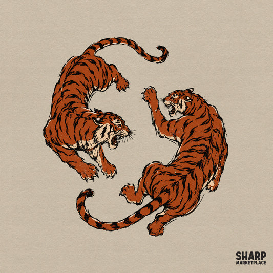 Vintage style illustration of two snarling tigers in a circular yin yang composition with bold orange and black ink strokes on a neutral background.