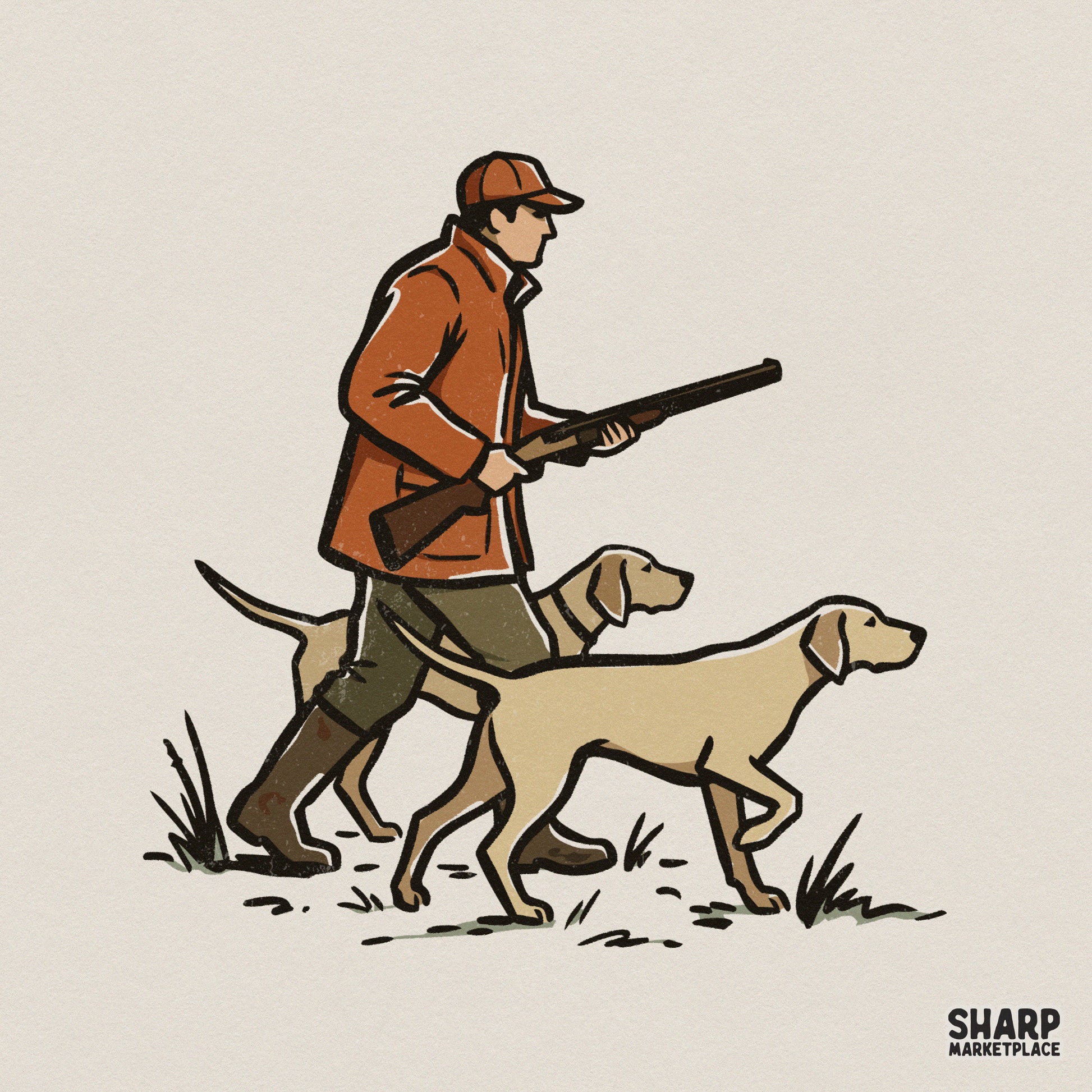 Vintage style illustration of a hunter in an orange coat walking with two bird dogs, featuring bold outlines and earthy tones for apparel printing.
