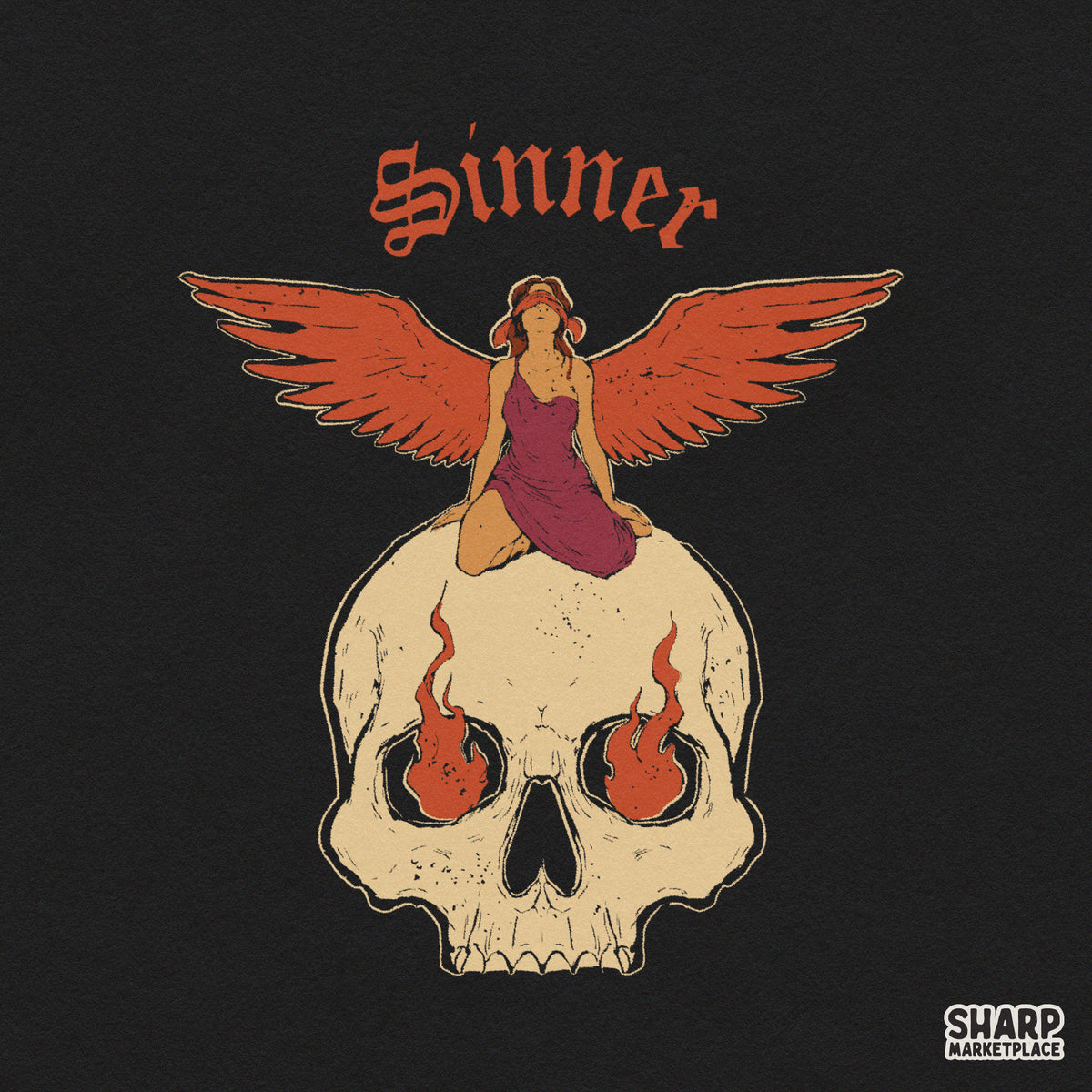 Sinner Gothic Blindfolded Angel Flaming Skull Shirt PNG
