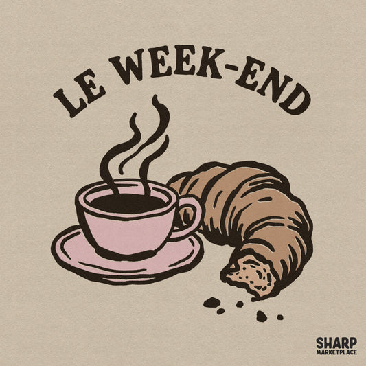 Le Week-End Coffee Croissant trendy summer PNG retro shirt design for Parisian Sunday brunch lovers and coffee shop aesthetics