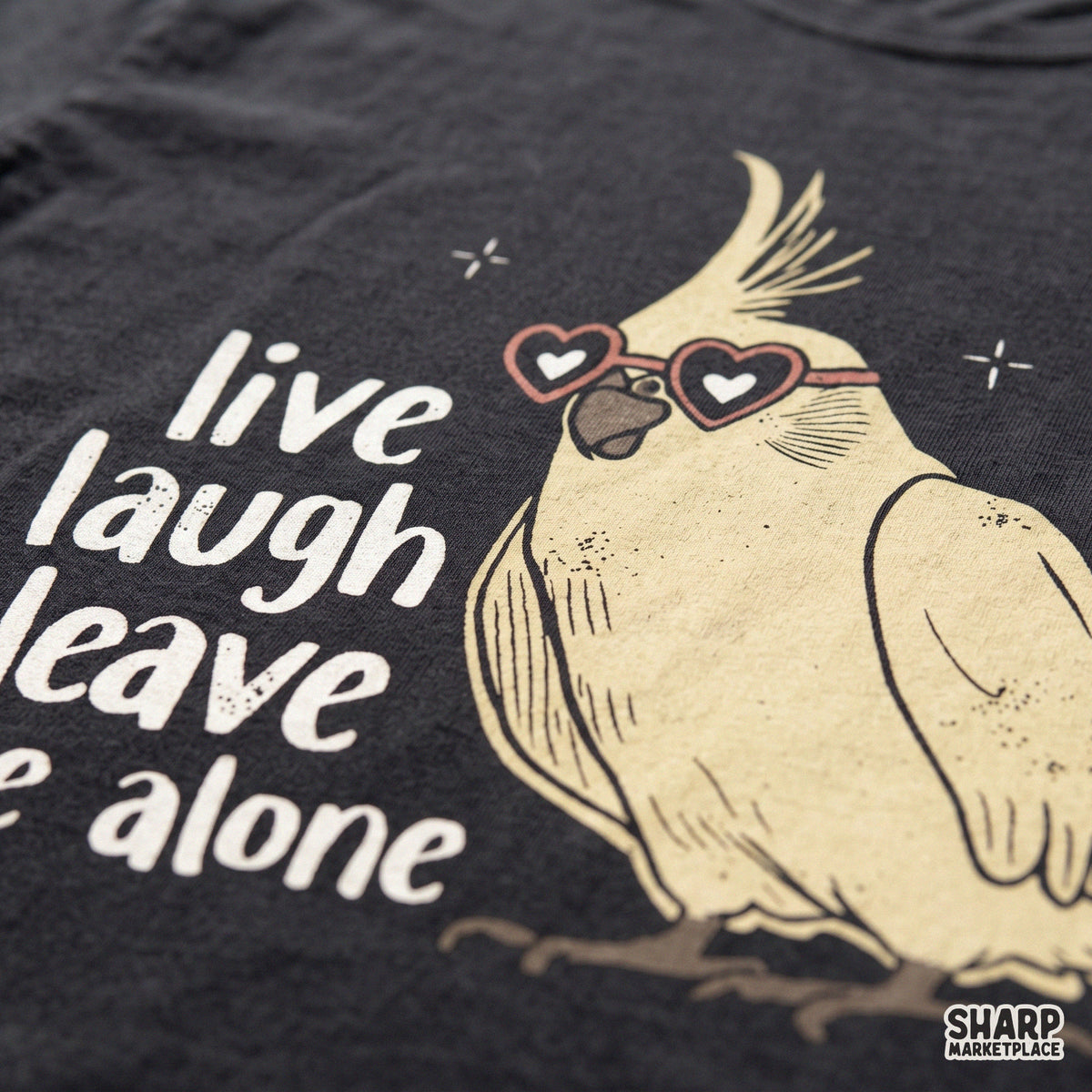 Funny sarcastic cockatiel bird in heart glasses live laugh leave me alone PNG design for t-shirt sublimation