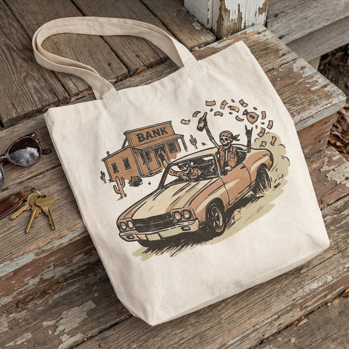 Bank Robbery PNG, Outlaw Skeletons Getaway Car Scene - 300 DPI Design for